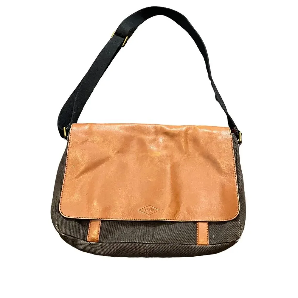 Fossil Leather Black Canvas Messenger Bag Purse Crossbody